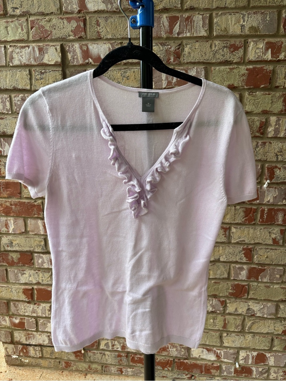 Ann Taylor Pastel Lavender Ruffle V-Neck Short Sleeve Top